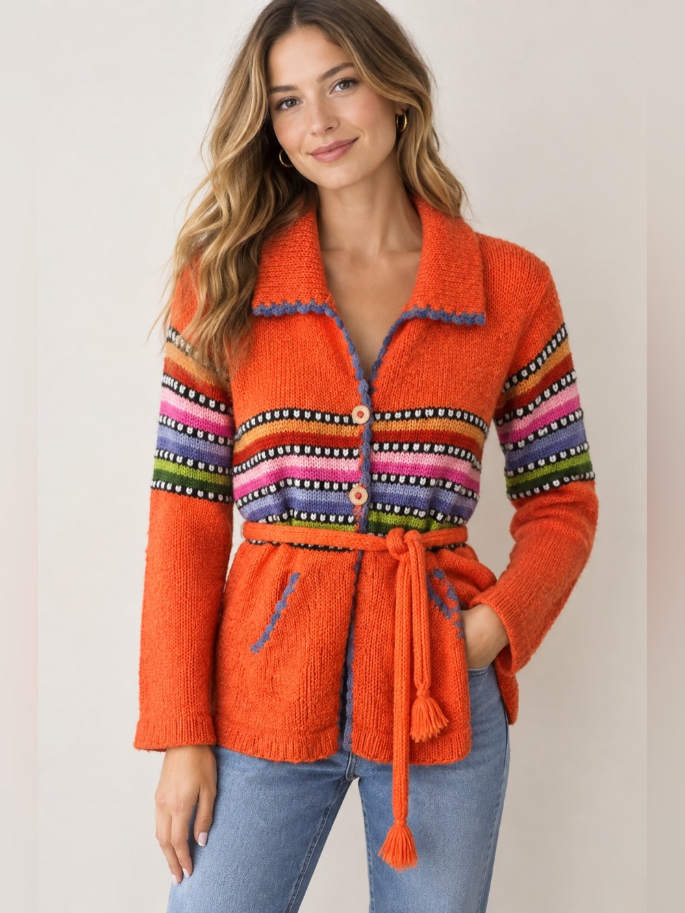 Vintage Handmade Bolivian 100% Alpaca Wool Cardigan Sweater Size Medium Boho